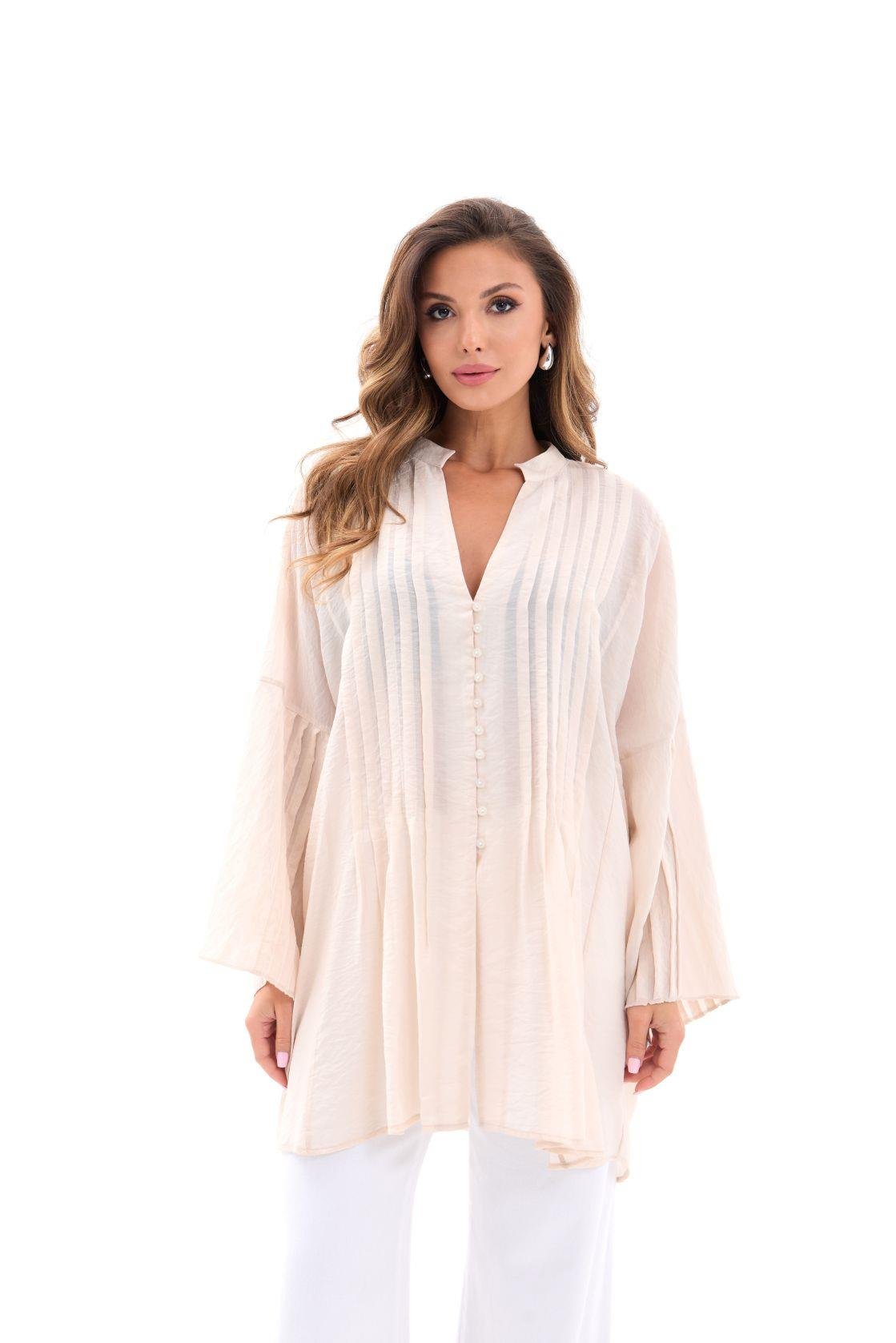 Beige Boho Oversized Shirt With Keyhole Neck - Brand: Fame - Women & Kids, Baby Clothes Wholesale - TheBS Women