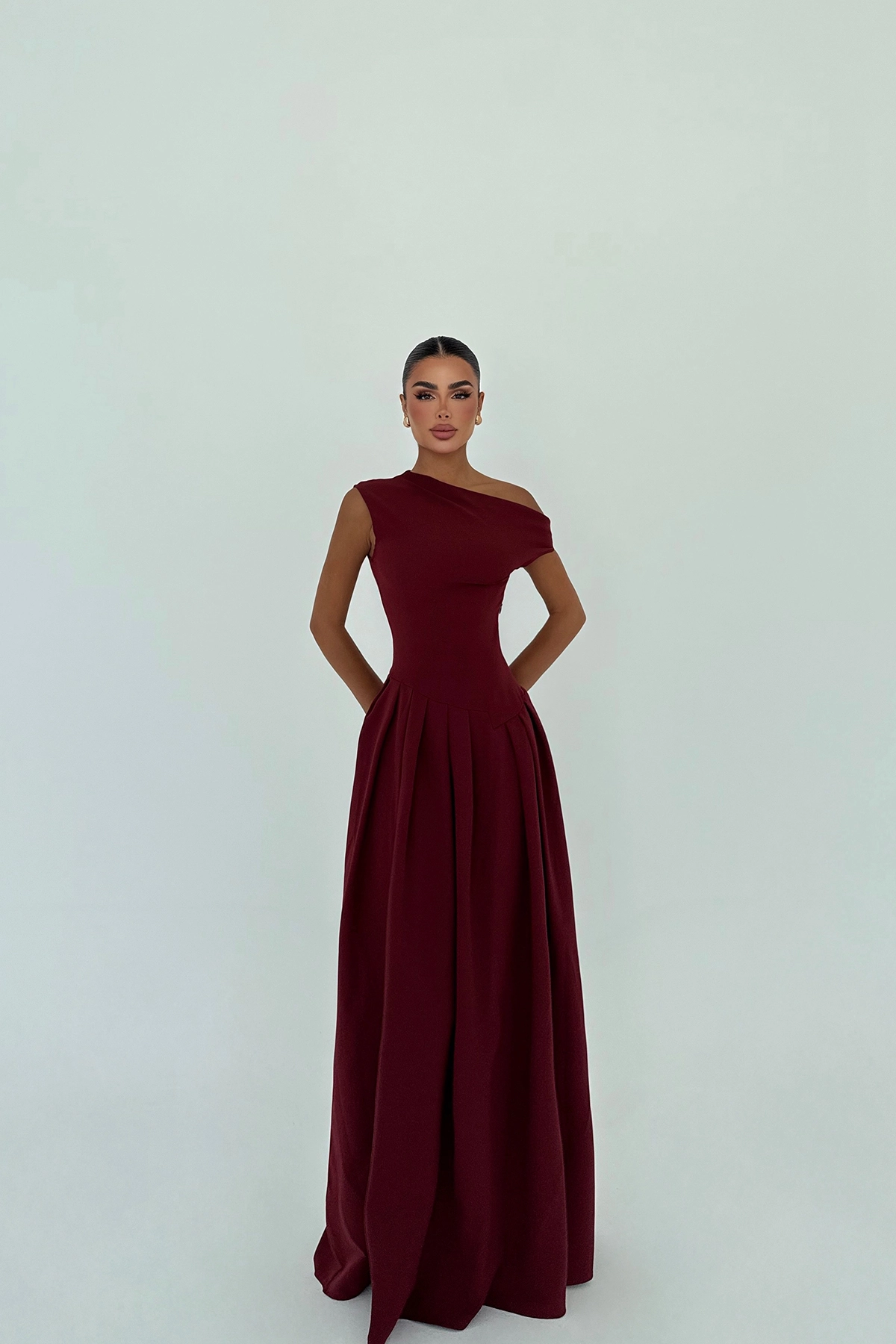 Claret Red Elegant A-Line Dress With One Shoulder Neck - Producer: EYYO ATELIER - Wholesale Women Clothes - TheBS Women