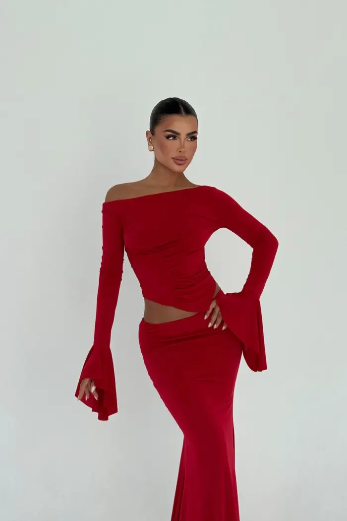 ClaretBodycon Floor Length Dress With Bell Sleeves - Producer: EYYO ATELIER - Wholesale Women Clothes - TheBS Women