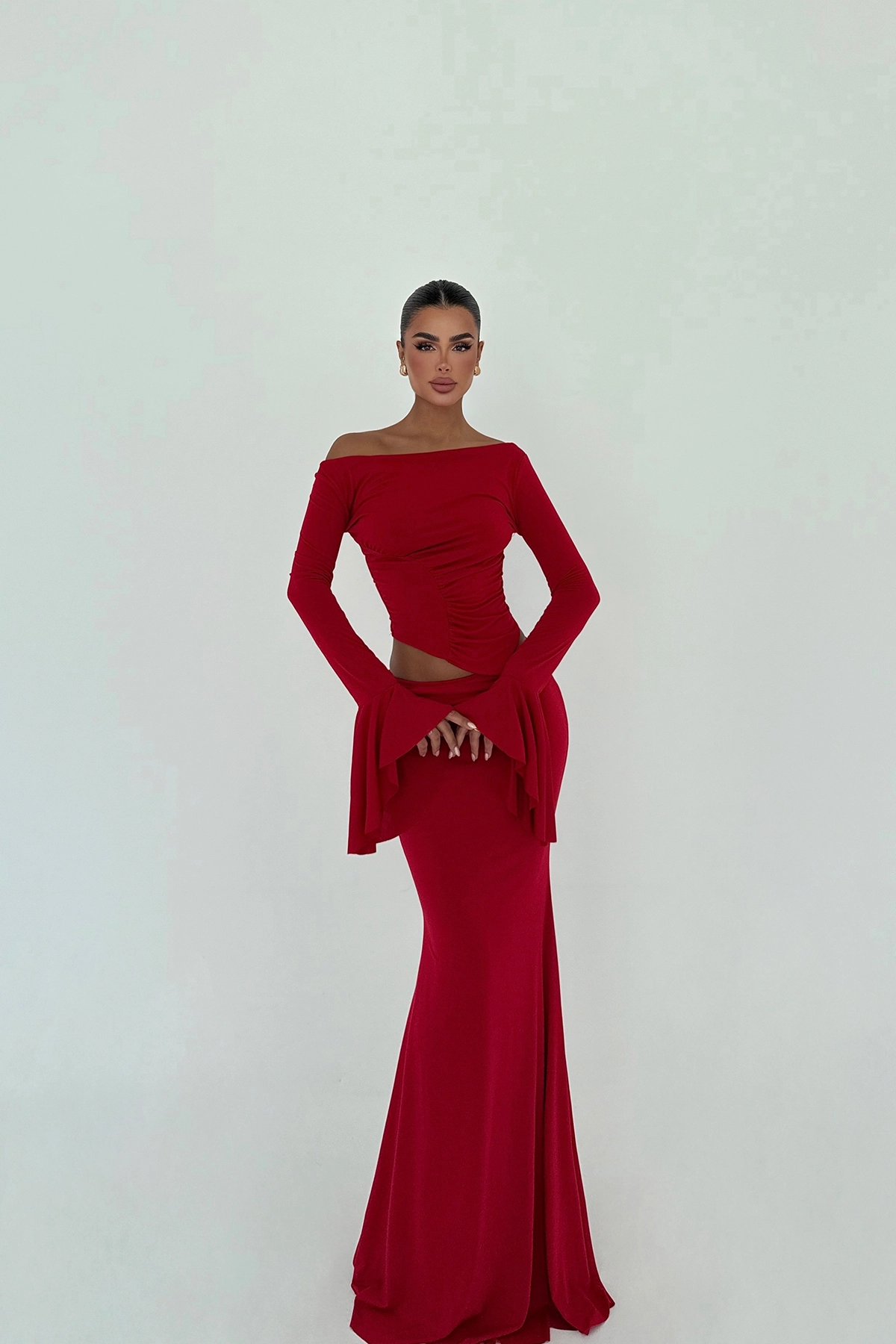 ClaretBodycon Floor Length Dress With Bell Sleeves - Producer: EYYO ATELIER - Wholesale Women Clothes - TheBS Women