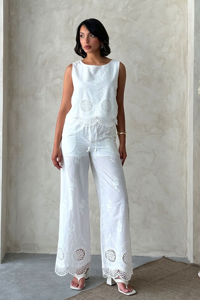White Boho Palazzo Pants With Drawstring Waist - Producer: Topshow - Wholesale Women Clothes - TheBS Women
