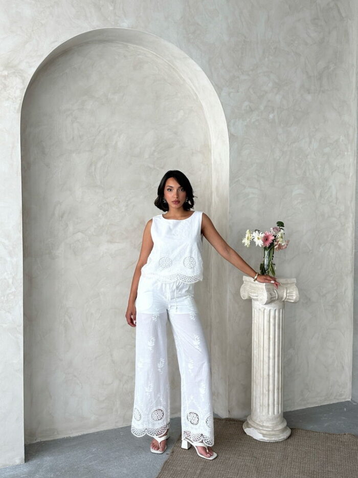 White Boho Palazzo Pants With Drawstring Waist - Producer: Topshow - Wholesale Women Clothes - TheBS Women