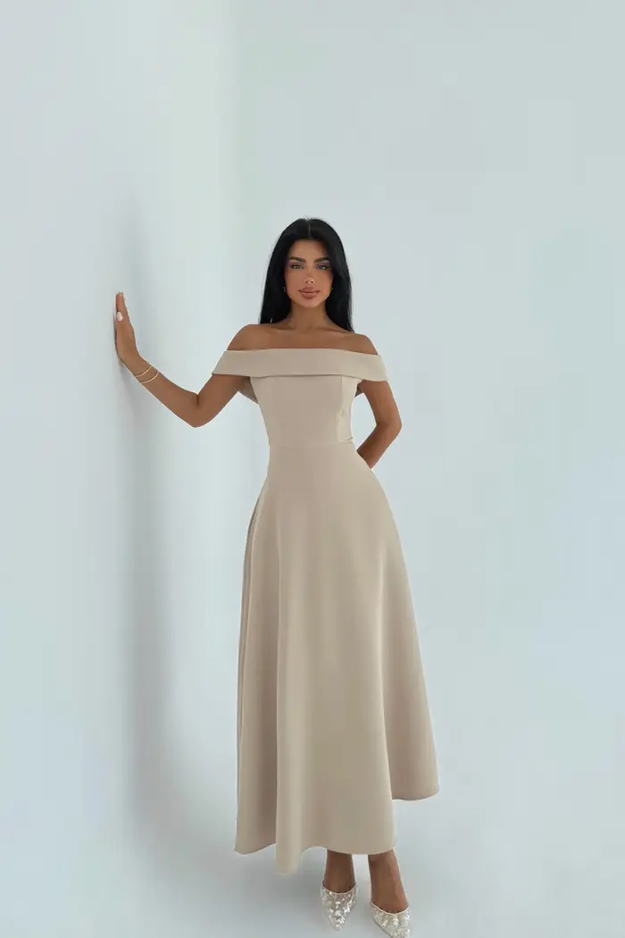 Elegant Beige A-Line Dress With Off Shoulder Neck - Producer: EYYO ATELIER - Wholesale Women Clothes - TheBS Women