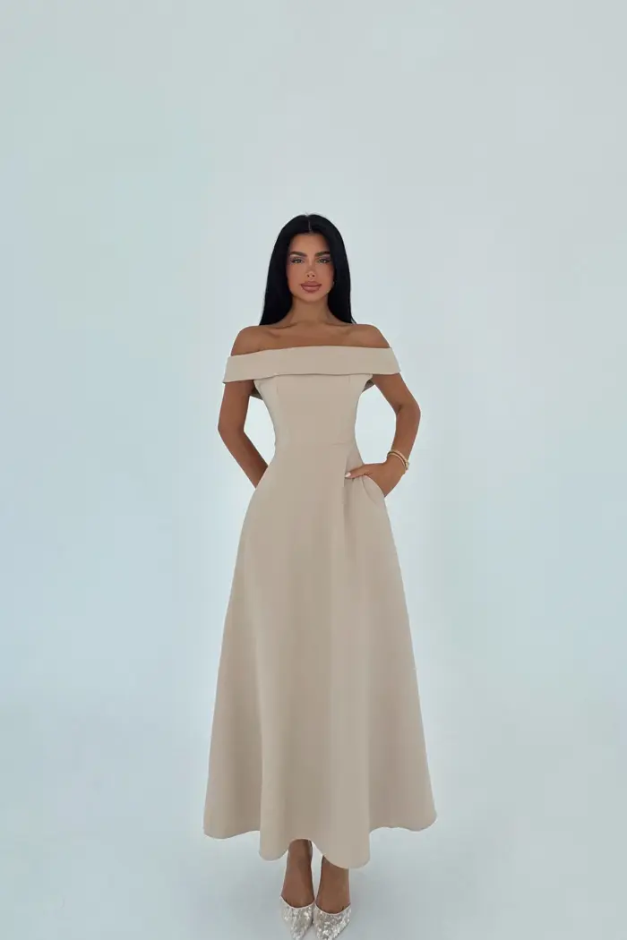 Elegant Beige A-Line Dress With Off Shoulder Neck - Producer: EYYO ATELIER - Wholesale Women Clothes - TheBS Women