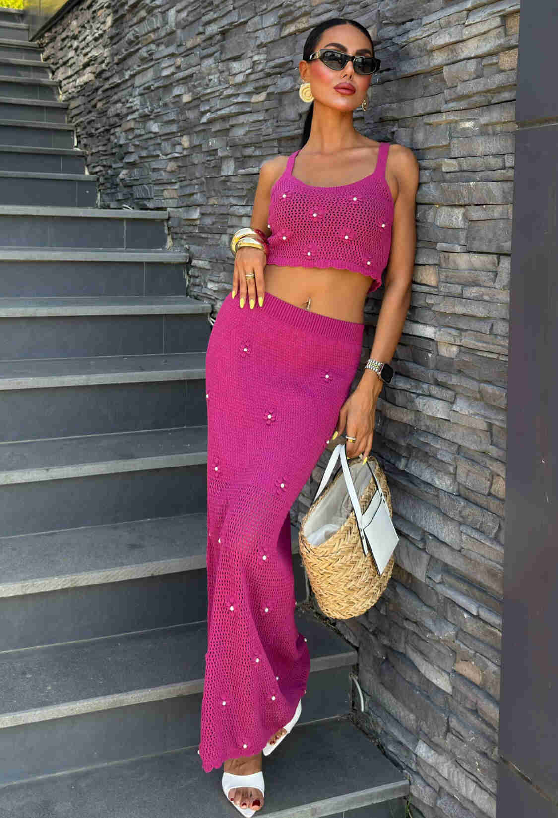 Pearl And Flower Detailed Bustier Knitwear Set - Mürdüm - Brand: Sobe Istanbul - Women & Kids, Baby Clothes Wholesale - TheBS Women