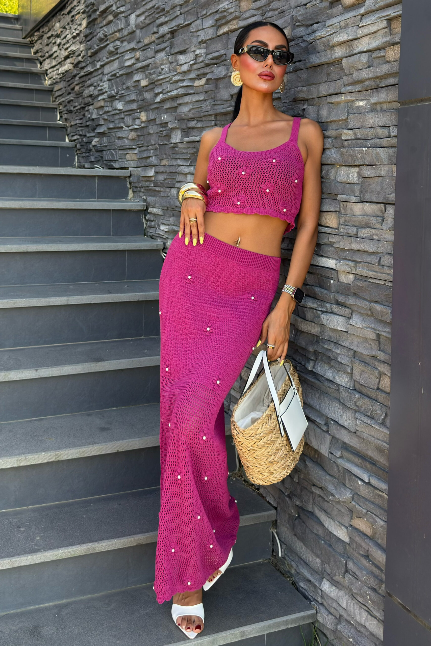 Pearl And Flower Detailed Bustier Knitwear Set - Mürdüm - Brand: Sobe Istanbul - Women & Kids, Baby Clothes Wholesale - TheBS Women