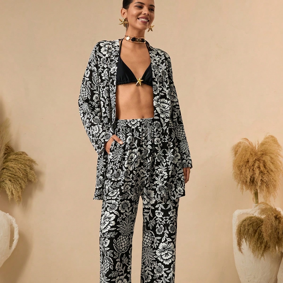 Black Kimono With Floral Pattern And Halter Neck - Producer: My Jest Fashion - Wholesale Women Clothes - TheBS Women