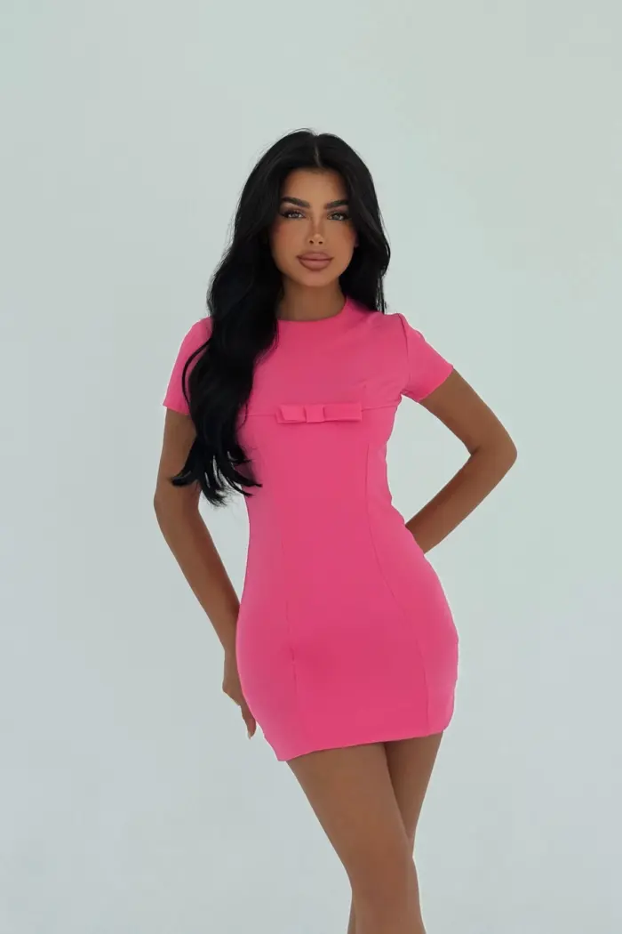 Pink Bodycon Mini Dress With Short Sleeves - Producer: EYYO ATELIER - Wholesale Women Clothes - TheBS Women
