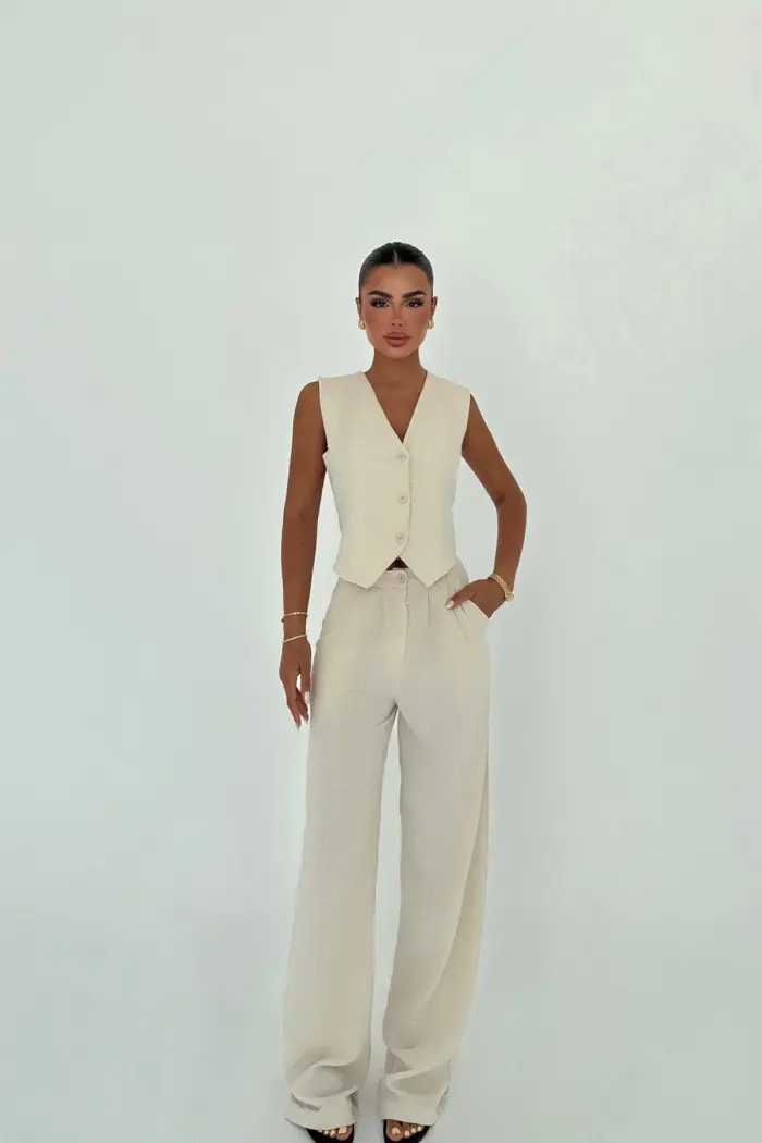 Beige Elegant Formal Suit With Wide Leg Pants - Producer: EYYO ATELIER - Wholesale Women Clothes - TheBS Women