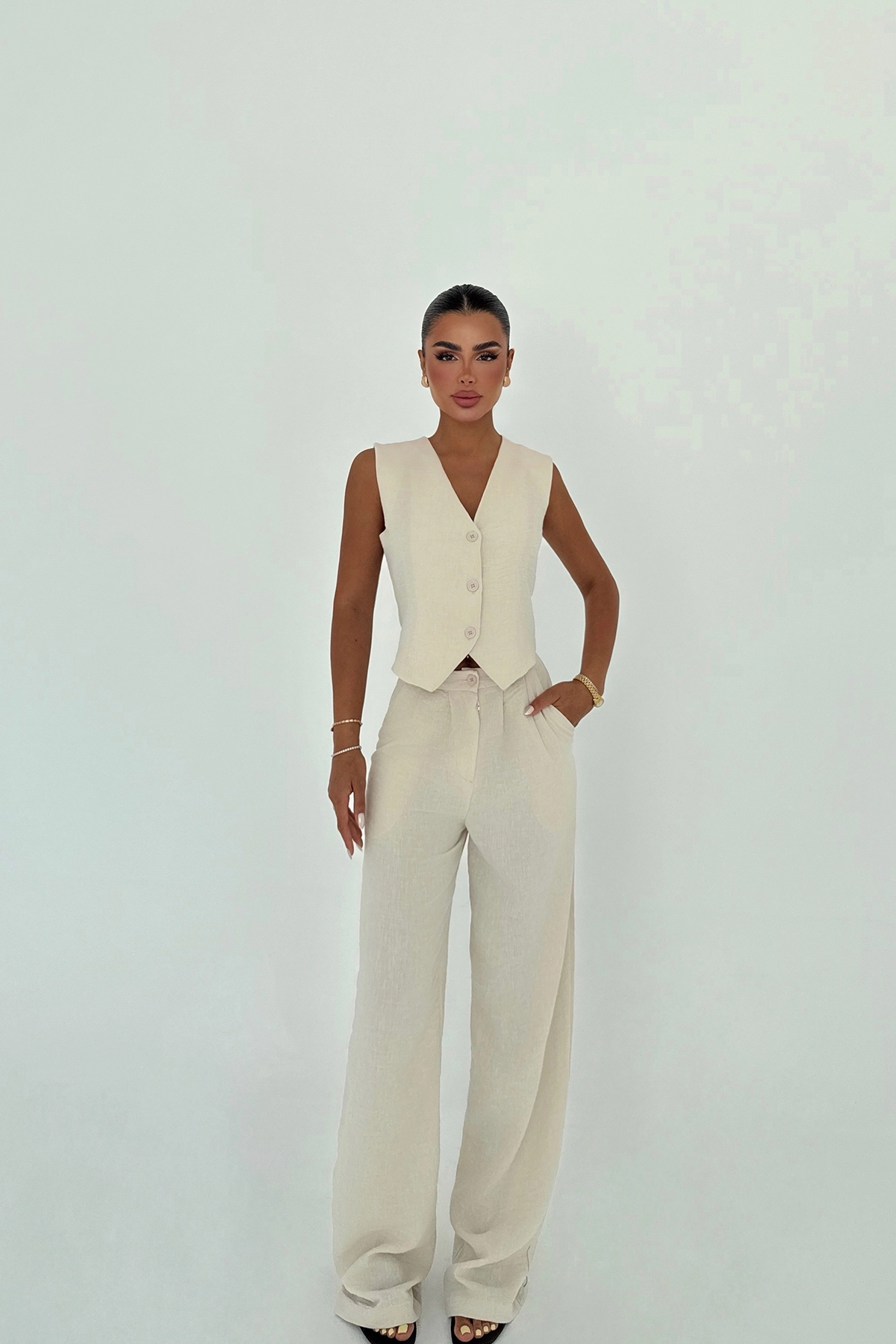 Beige Elegant Formal Suit With Wide Leg Pants - Producer: EYYO ATELIER - Wholesale Women Clothes - TheBS Women