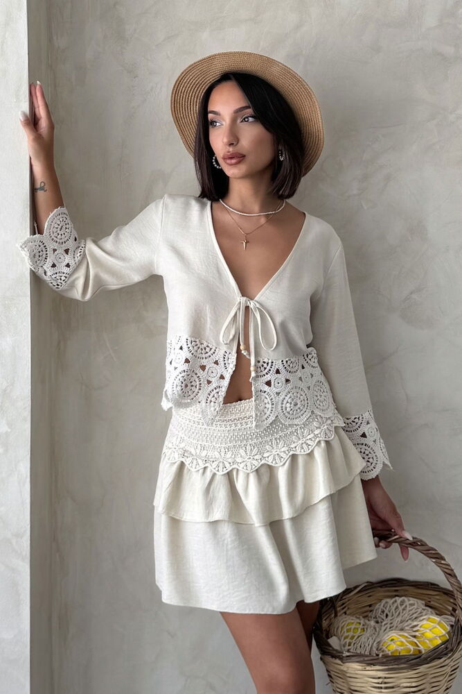 Beige Boho Tie V-Neck 3/4 Sleeve Shirt - Producer: Topshow - Wholesale Women Clothes - TheBS Women