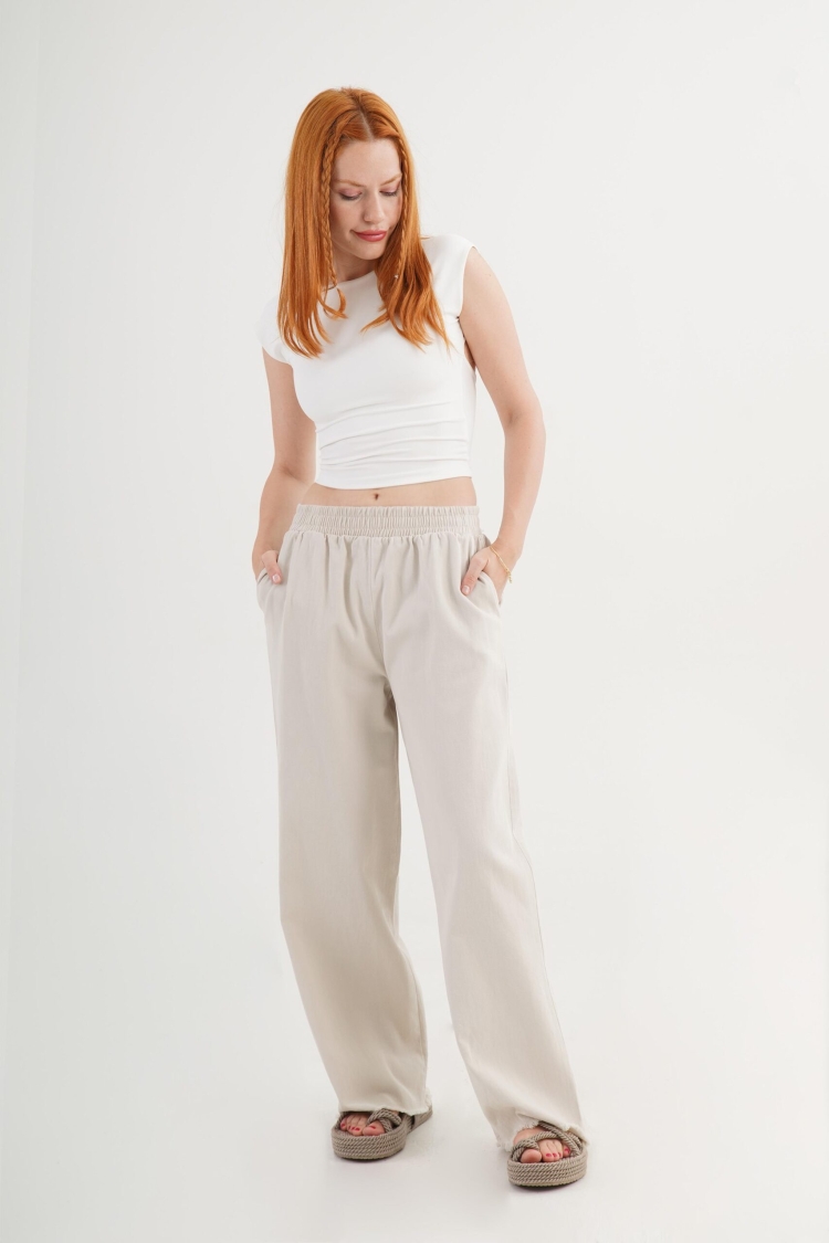 Beige Palazzo Pants With Wide Leg And Slant Pockets - Brand: Lustrin - Women & Kids, Baby Clothes Wholesale - TheBS Women