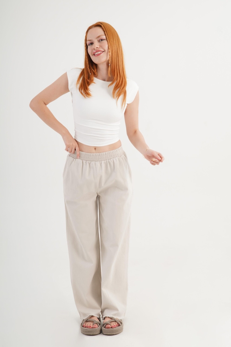 Beige Palazzo Pants With Wide Leg And Slant Pockets - Brand: Lustrin - Women & Kids, Baby Clothes Wholesale - TheBS Women