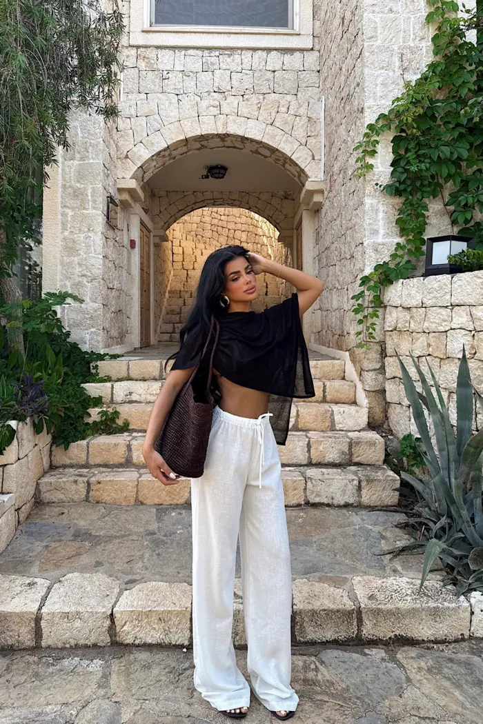 White Palazzo Pants With Drawstring Waist - Producer: EYYO ATELIER - Wholesale Women Clothes - TheBS Women
