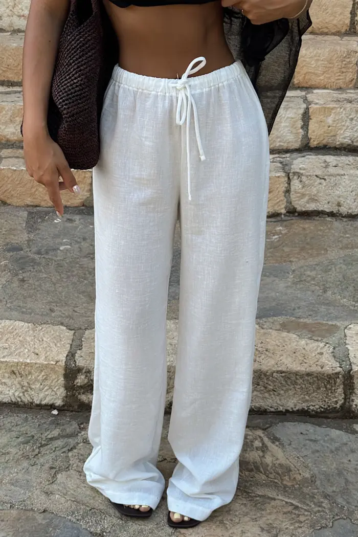 White Palazzo Pants With Drawstring Waist - Producer: EYYO ATELIER - Wholesale Women Clothes - TheBS Women