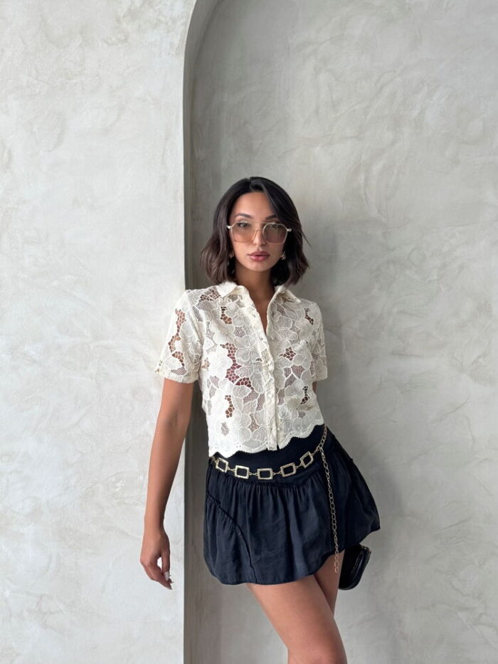 White Floral Crop Shirt With Notched Neck - Producer: Topshow - Wholesale Women Clothes - TheBS Women