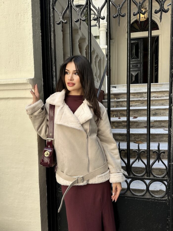 Beige Biker Jacket With Zip-Up & Notched Collar - Producer: My Jest Fashion - Wholesale Women Clothes - TheBS Women
