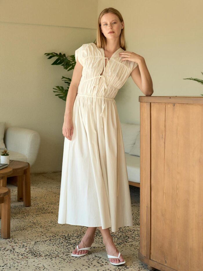 White Fit And Flare V-Neck Midi Dress With Cap Sleeves - Producer: Juste - Wholesale Women Clothes - TheBS Women