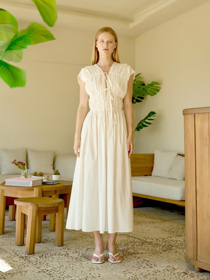 White Fit And Flare V-Neck Midi Dress With Cap Sleeves - Producer: Juste - Wholesale Women Clothes - TheBS Women