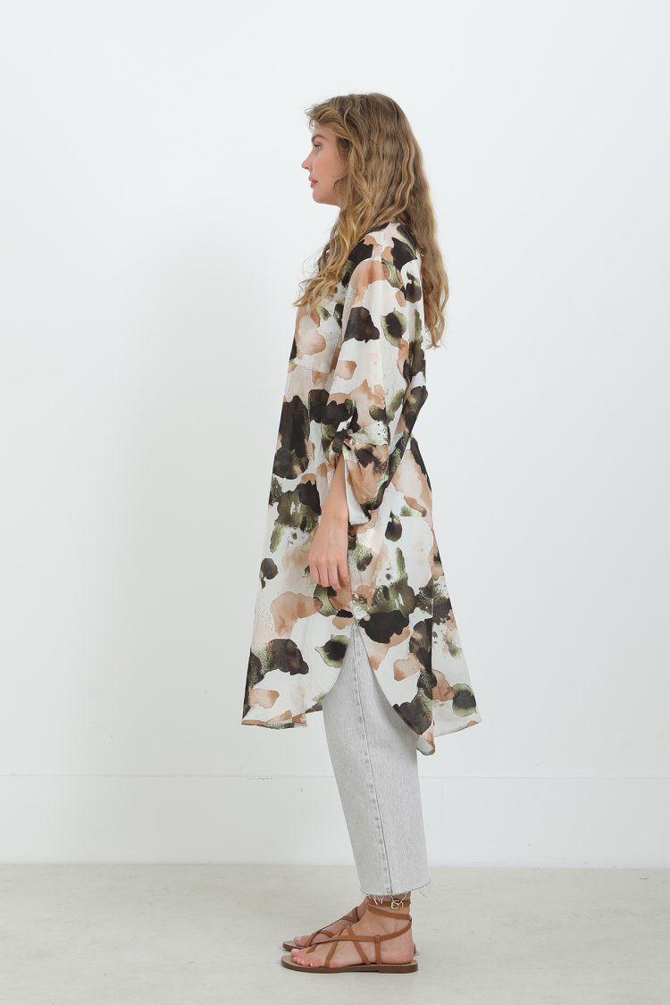 Beige Grandad Neck Tunic With Brush Stroke Pattern - Brand: Puane - Women & Kids, Baby Clothes Wholesale - TheBS Women