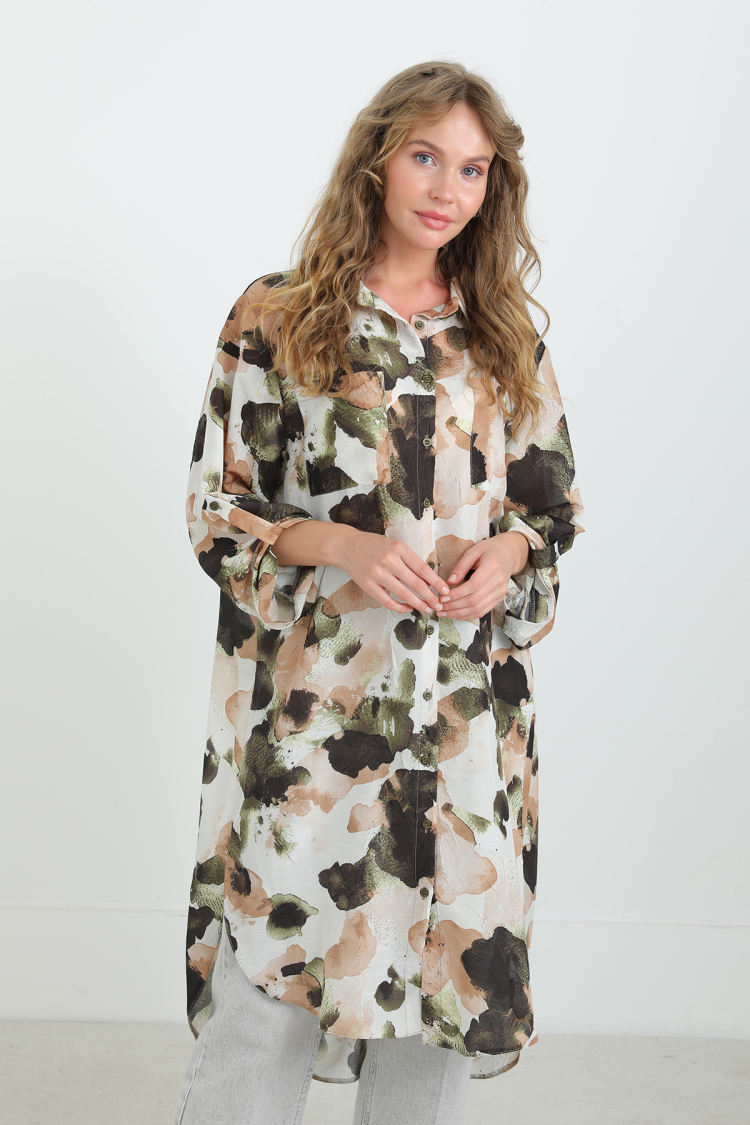 Beige Grandad Neck Tunic With Brush Stroke Pattern - Brand: Puane - Women & Kids, Baby Clothes Wholesale - TheBS Women