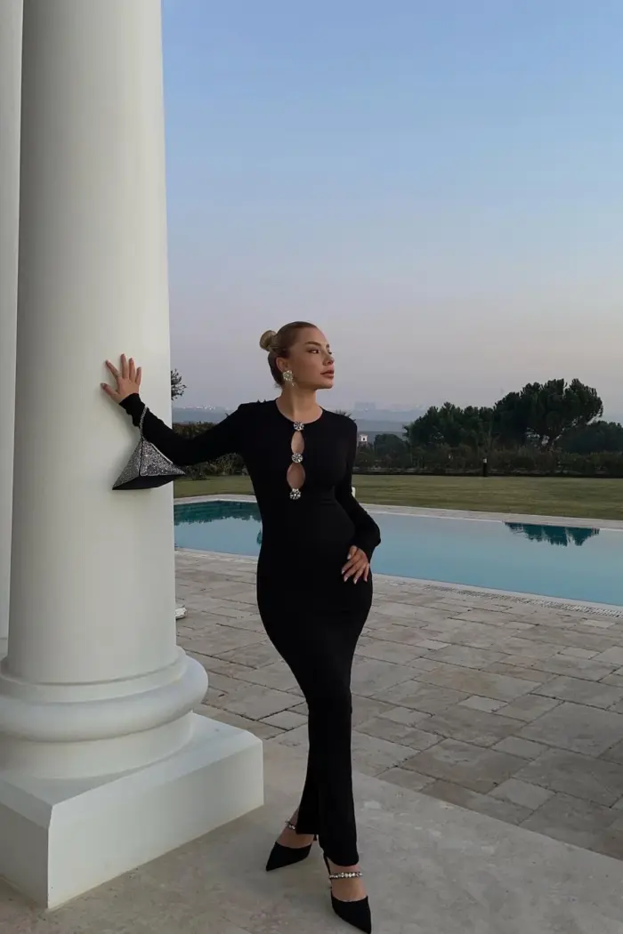 Black Stone Detailed Long Dress - Producer: EYYO ATELIER - Wholesale Women Clothes - TheBS Women