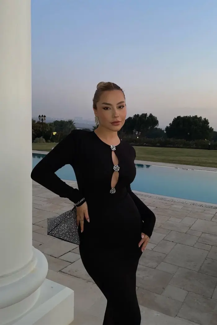 Black Stone Detailed Long Dress - Producer: EYYO ATELIER - Wholesale Women Clothes - TheBS Women