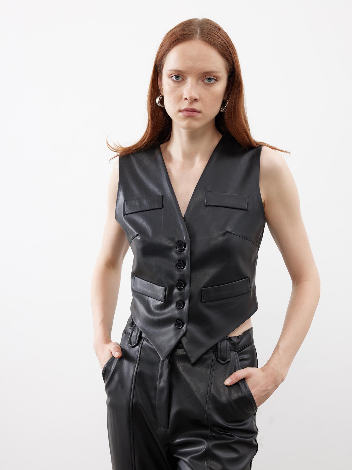 Special Cut Flannel Pocket Detailed Leather Vest Black - Producer: Juste - Wholesale Women Clothes - TheBS Women