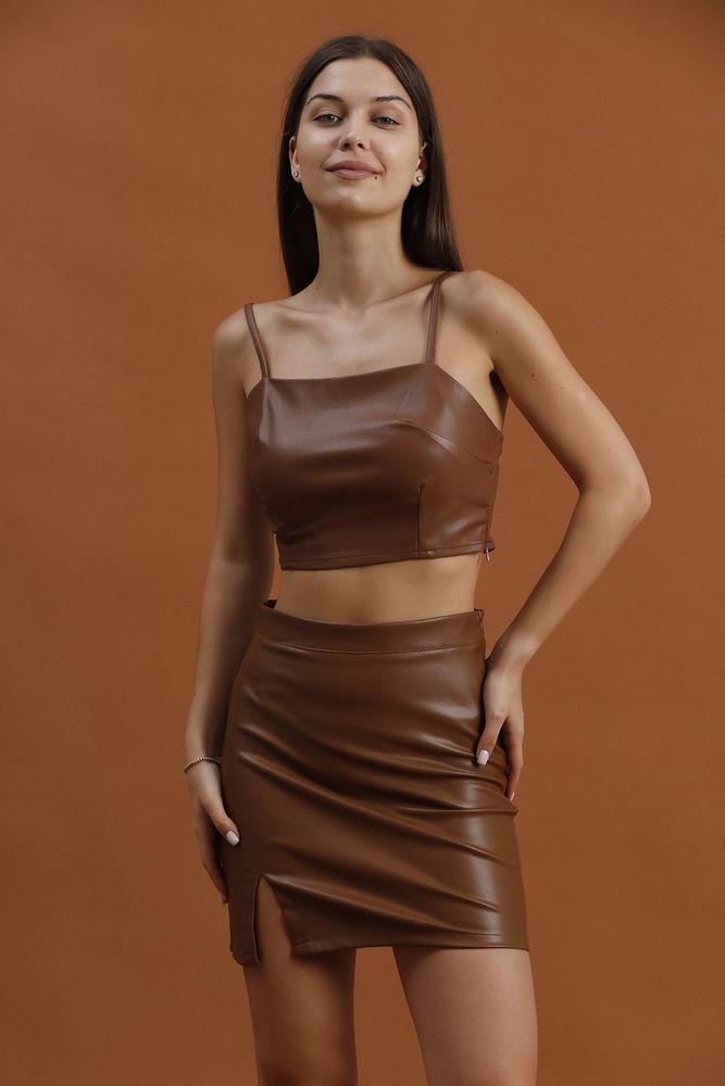 Tan Faux Leather Mini Skirt - Producer: Topshow - Wholesale Women Clothes - TheBS Women