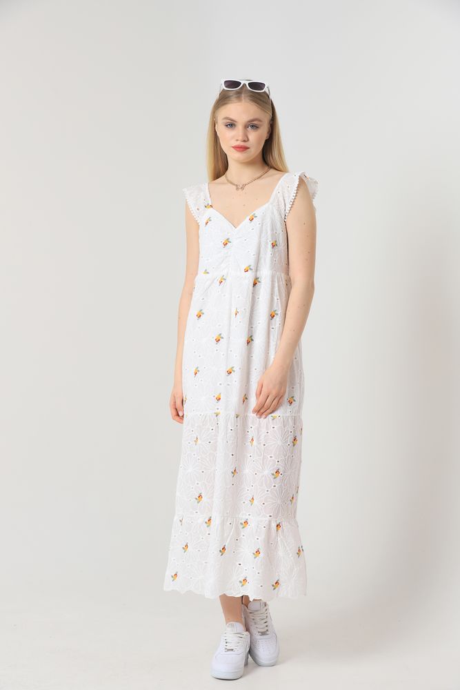 Yellow Floral V-Neck Gathered Dress - White - Producer: Topshow - Wholesale Women Clothes - TheBS Women