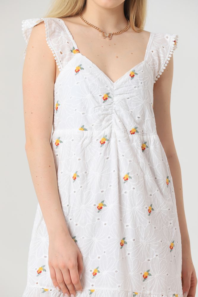Yellow Floral V-Neck Gathered Dress - White - Producer: Topshow - Wholesale Women Clothes - TheBS Women