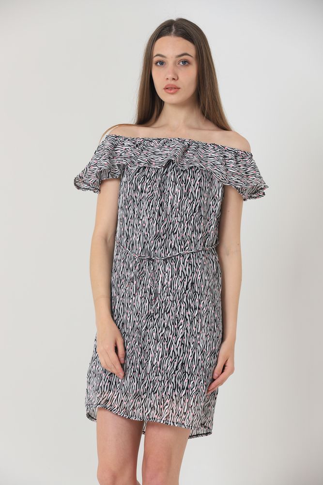 Zebra Polka Dot Boat Neck Knee Length Dress - Black & White - Producer: Topshow - Wholesale Women Clothes - TheBS Women