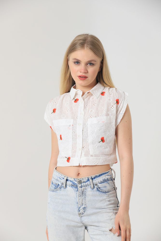 Embroidered Belly Shirt - White & Red - Producer: Topshow - Wholesale Women Clothes - TheBS Women