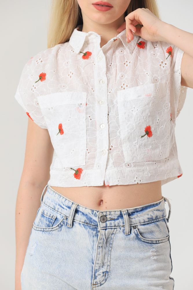 Embroidered Belly Shirt - White & Red - Producer: Topshow - Wholesale Women Clothes - TheBS Women