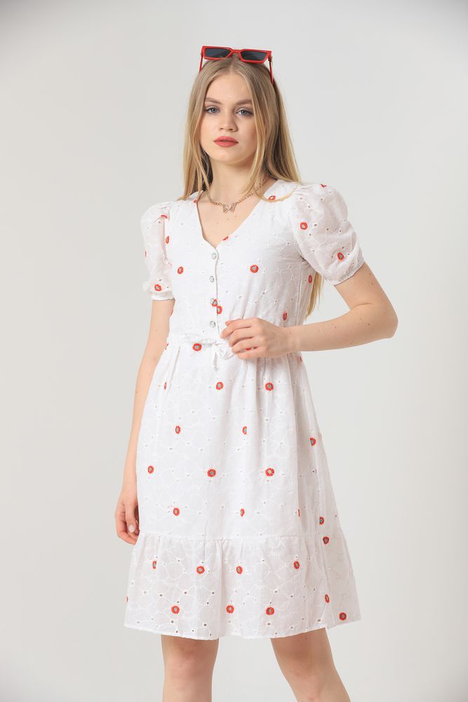 Red Knee Length Floral Dress - White - Producer: Topshow - Wholesale Women Clothes - TheBS Women