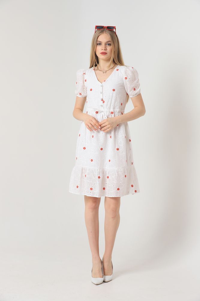 Red Knee Length Floral Dress - White - Producer: Topshow - Wholesale Women Clothes - TheBS Women