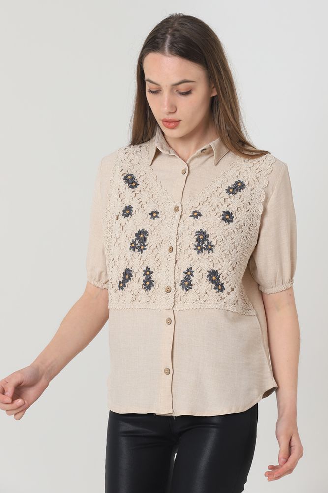Half Sleeve Lace Detailed Shirt - Stone - Producer: Topshow - Wholesale Women Clothes - TheBS Women