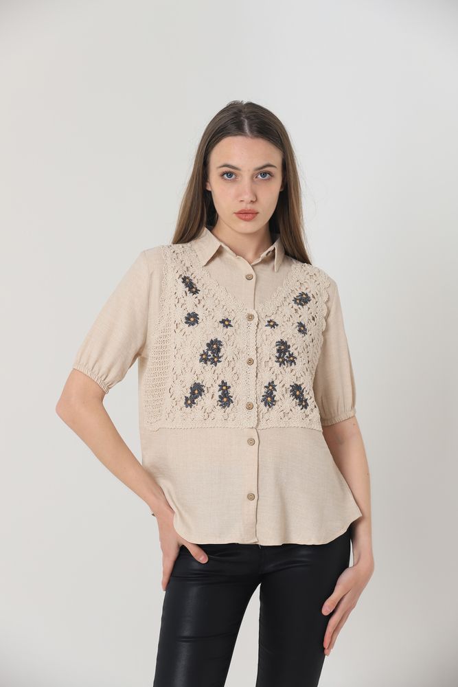 Half Sleeve Lace Detailed Shirt - Stone - Producer: Topshow - Wholesale Women Clothes - TheBS Women