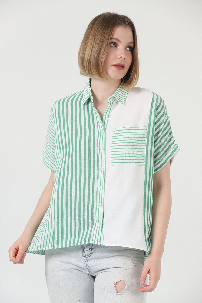 Patched Striped Shirt - Emerald & - Producer: Topshow - Wholesale Women Clothes - TheBS Women