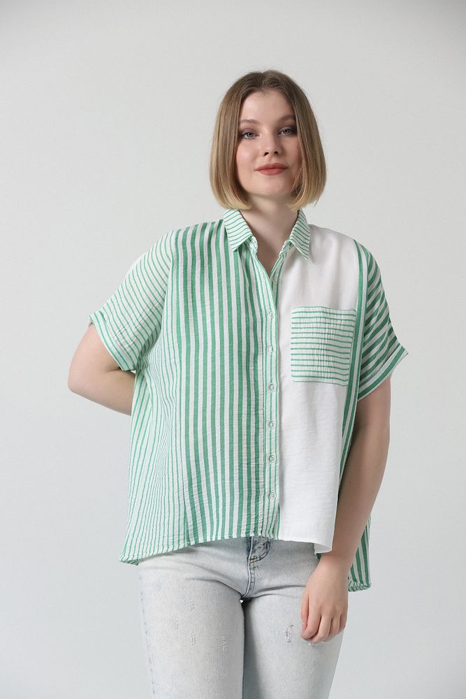 Patched Striped Shirt - Emerald & - Producer: Topshow - Wholesale Women Clothes - TheBS Women