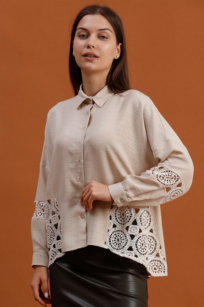 Lace Decorated Shirt - Beige - Producer: Topshow - Wholesale Women Clothes - TheBS Women