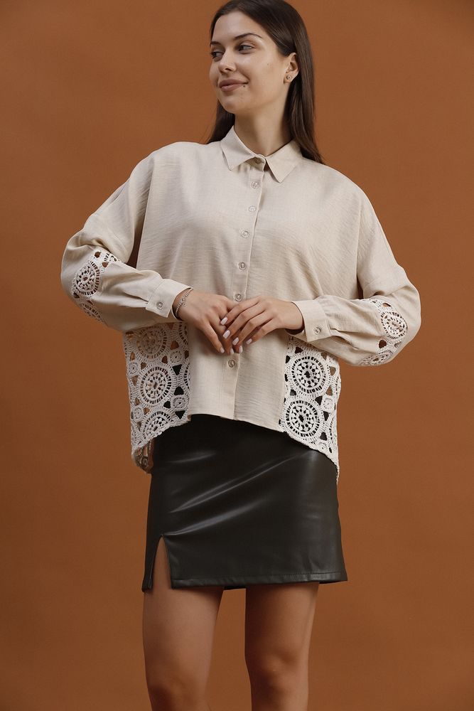 Lace Decorated Shirt - Beige - Producer: Topshow - Wholesale Women Clothes - TheBS Women