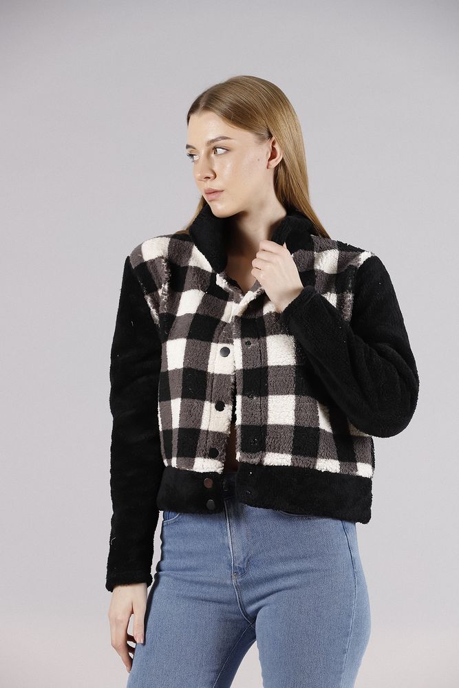 Black Checkerboard Fleece Snap Jacket - Producer: Topshow - Wholesale Women Clothes - TheBS Women