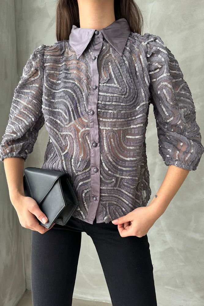Gray Sequin Embroidered Tulle Shirt - Producer: Topshow - Wholesale Women Clothes - TheBS Women