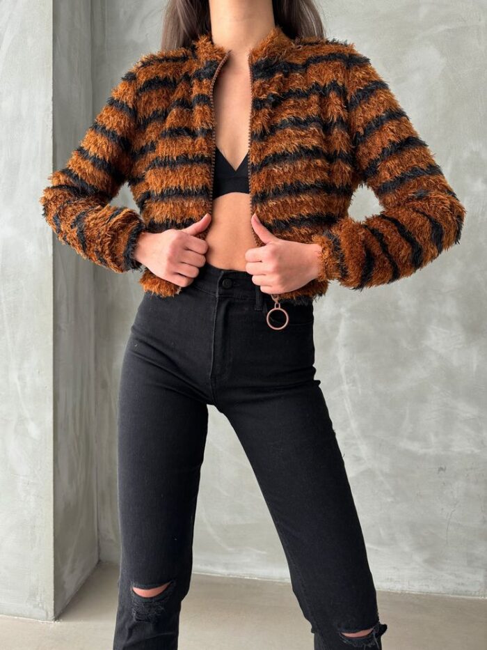 Brown Black Striped Zippered Plush Coat - Producer: Topshow - Wholesale Women Clothes - TheBS Women