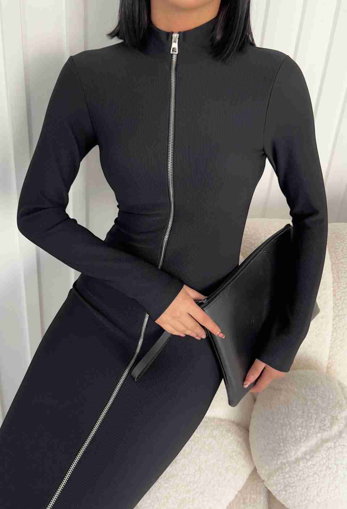 Zipper Detail Black Long Sleeve Black Dress - Brand: Fiori - Women & Kids, Baby Clothes Wholesale - TheBS Women