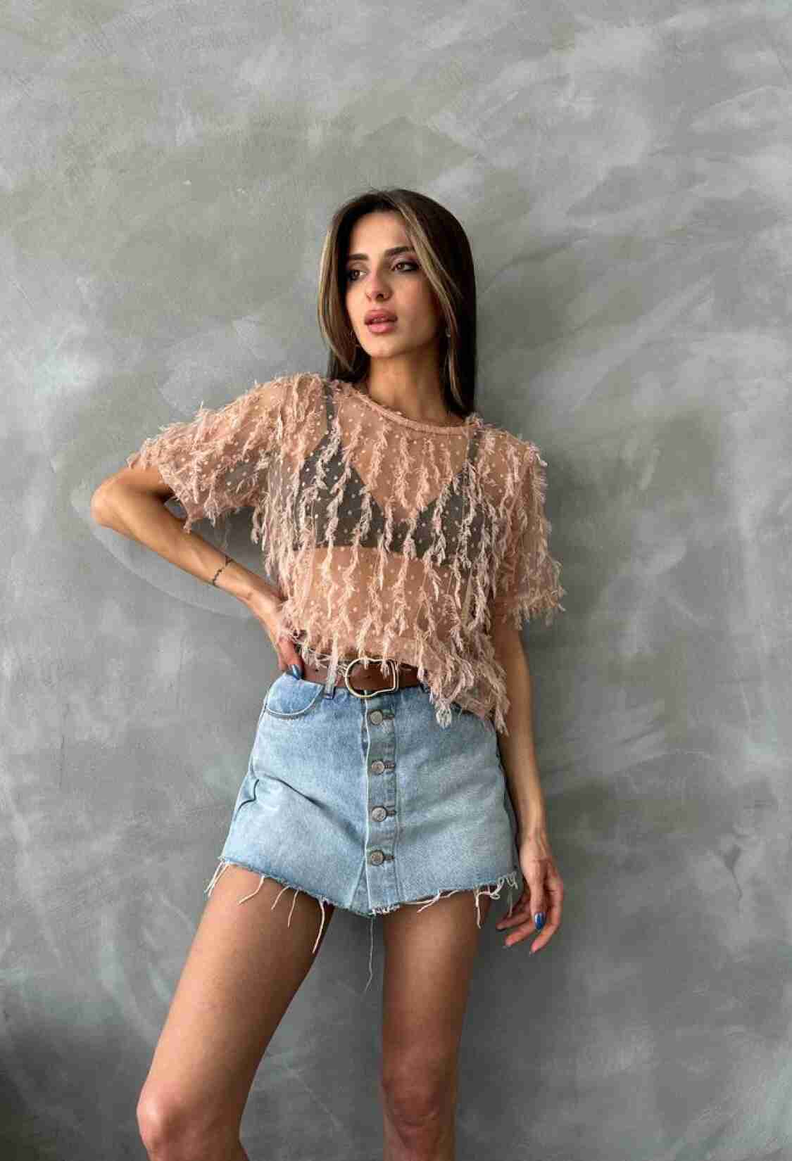 Salmon D 2654 Glittery Fringed Blouse - Brand: Topshow - Women & Kids, Baby Clothes Wholesale - TheBS Women