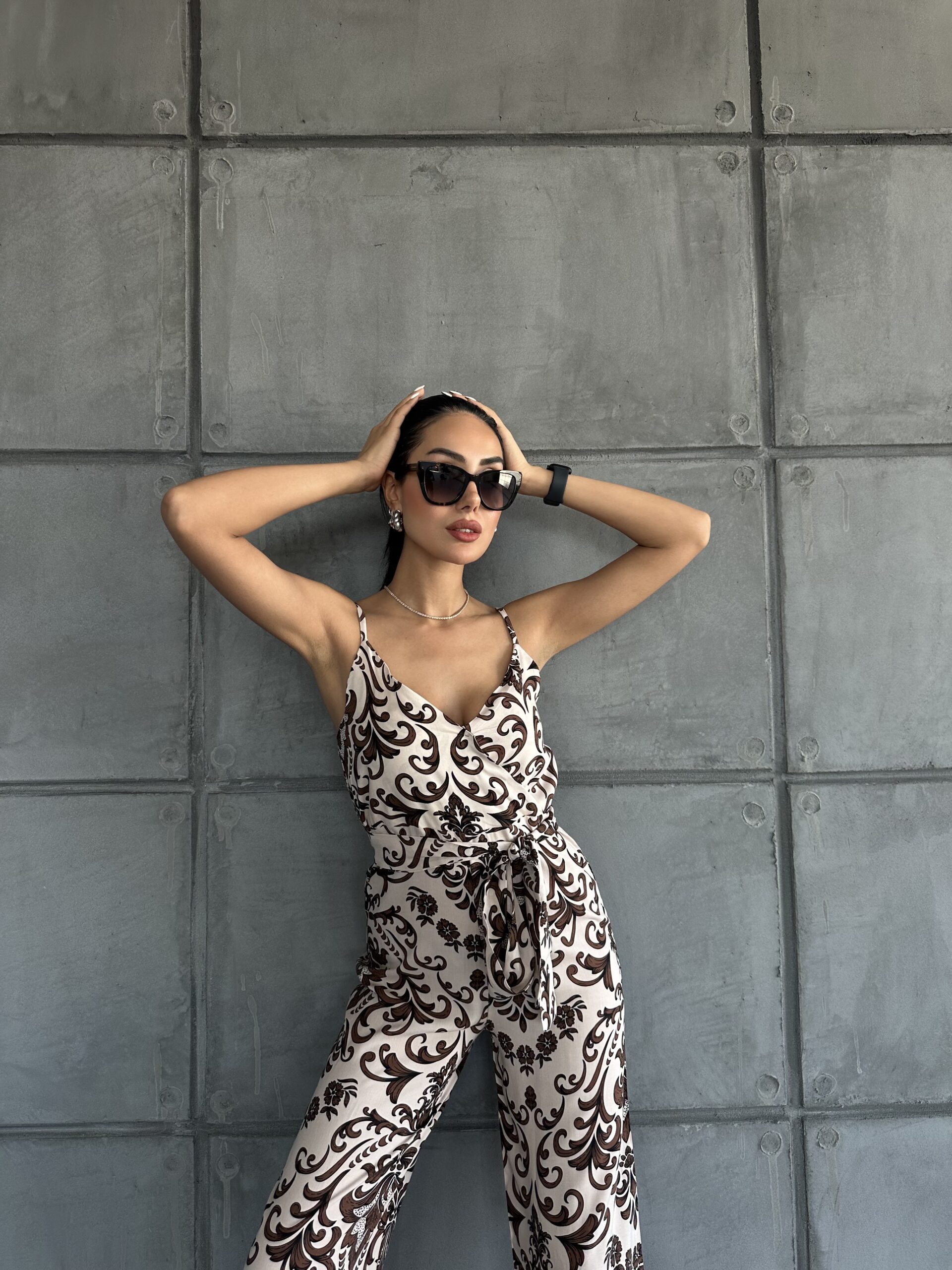 Patterned V-Neck Strap Jumpsuit - Brand: Fiori - Women & Kids, Baby Clothes Wholesale - TheBS Women