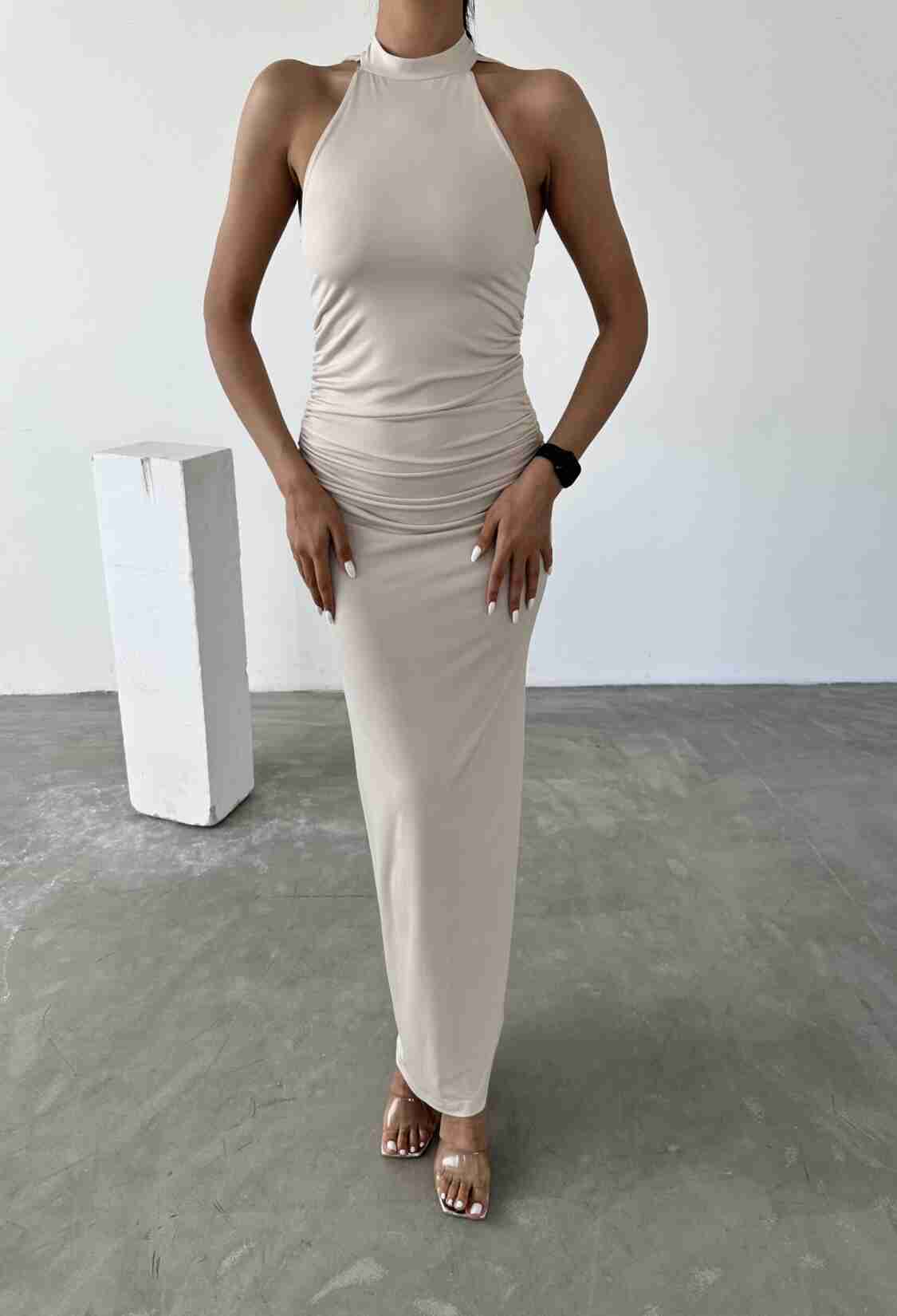 Halter Neckline Gathered Sandy Dress With Lace Detail On The Back - Brand: Fiori - Women & Kids, Baby Clothes Wholesale - TheBS Women