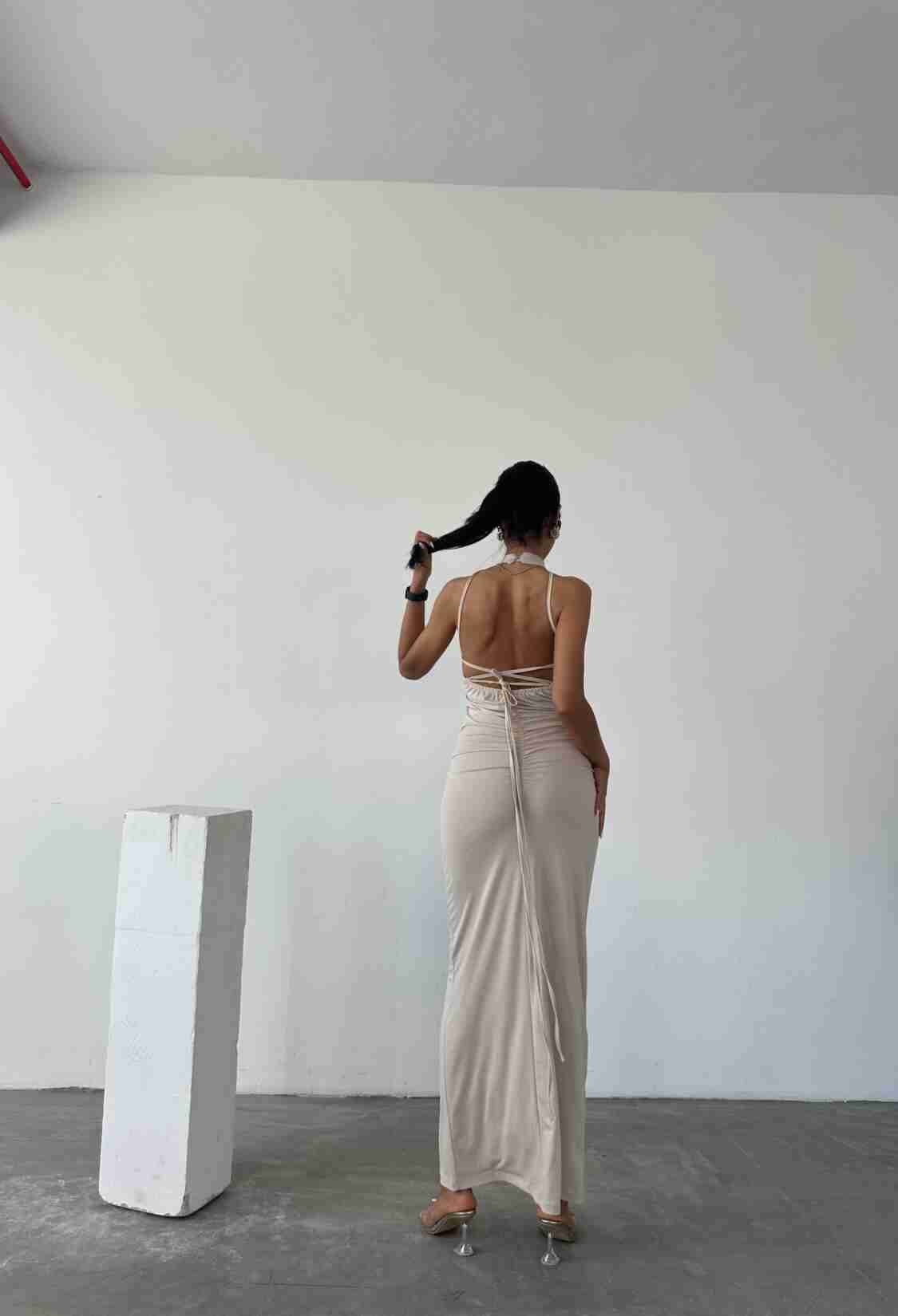 Halter Neckline Gathered Sandy Dress With Lace Detail On The Back - Brand: Fiori - Women & Kids, Baby Clothes Wholesale - TheBS Women